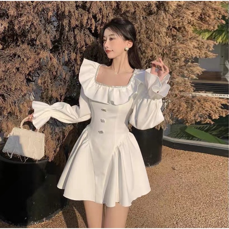SẴN🎀Đầm trắng tiểu thư cao cấp cổ vuông đính đá viền nơ sang chảnh/Váy bánh bèo ulzZang xoè bồng bềnh ôm eo chữ v