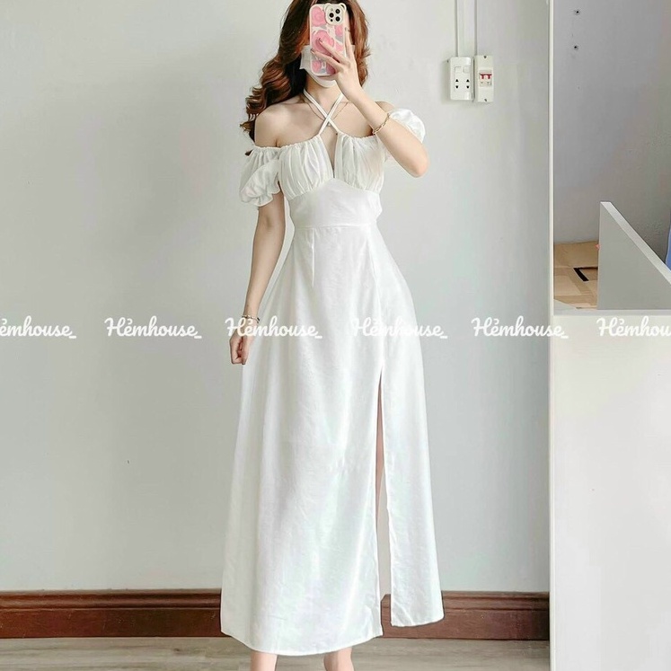 Đầm trễ vai cổ yếm tiểu thư cho nàng đi chơi dự tiệc phong cách Hàn