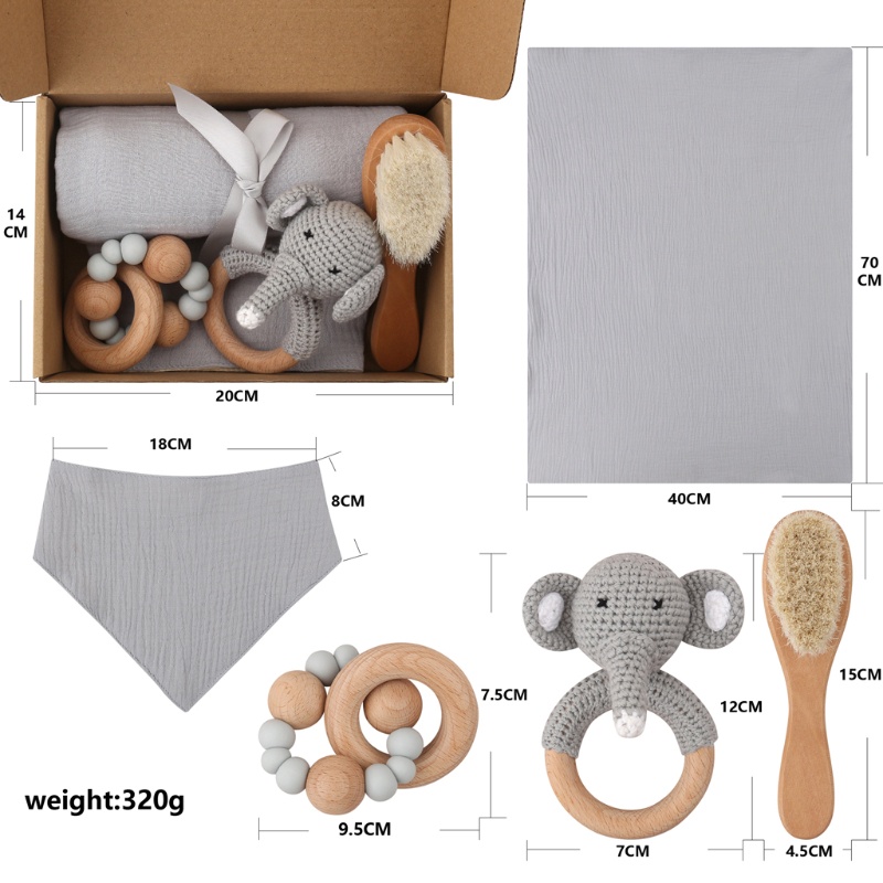 Set 5 Món Đồ Chơi Gồm Yếm Ăn Tam Giác / Lược Chải Tóc Hình Chữ Nhật / Voi Đan Len Cho Bé Sơ Sinh
