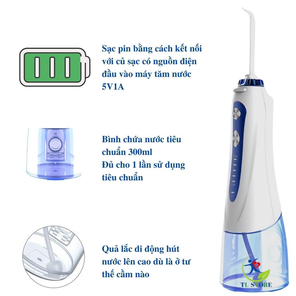 Máy tăm nước du lịch cầm tay h2ofloss HF6 tặng kèm túi đựng và 5 đầu xịt - Chính hãng 100%