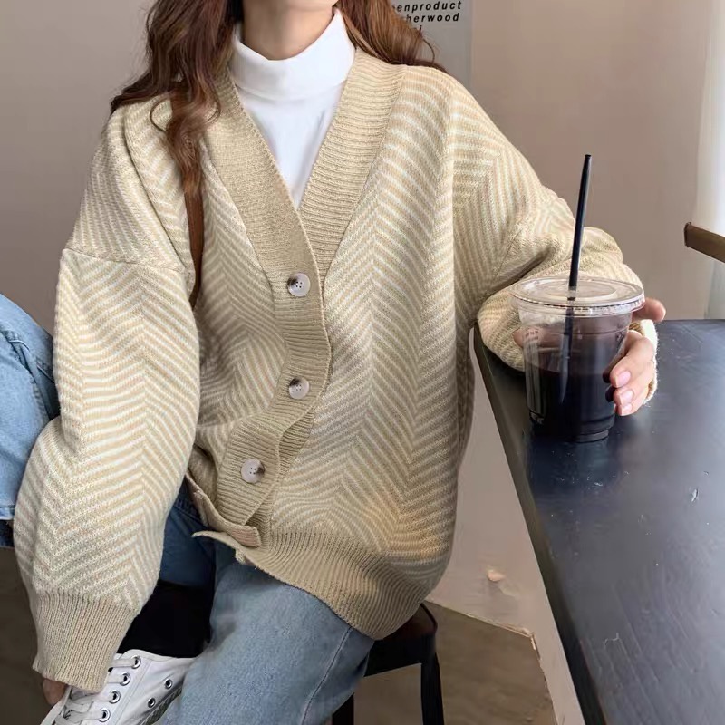 Áo khoác cardigan len nữ kiểu sọc chéo dáng rộng tay dài dày dặn phong cách Hàn Quốc trẻ trung sang chảnh