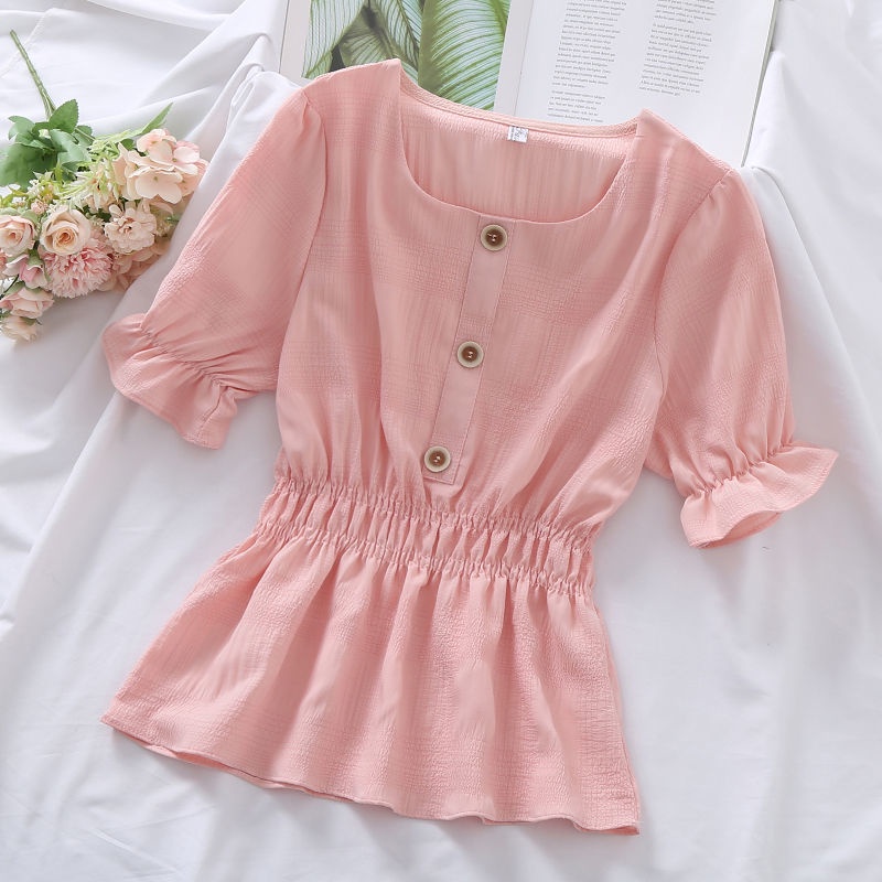 Áo Sơ Mi Trơn Ngắn Tay 162548 Áo Sơ Mi Mỏng Thắt Eo Thiết Kế Gấp Được Dễ Phối Đồ