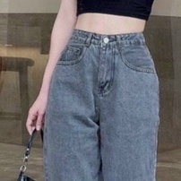 Quần beggy nữ màu xám trơn lưng cao cắt gấu chất vải denim dày dặn, form rộng thoải mái hoạt động T-fashion 24h bg080