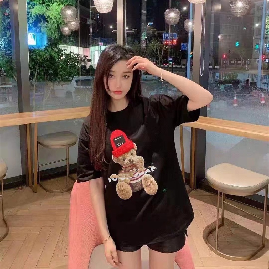 Áo Phông Cotton khô 3158 Gấu Teddy 2 màu Đen Trắng dáng oversize tay lỡ form rộng hình thật shop chụp