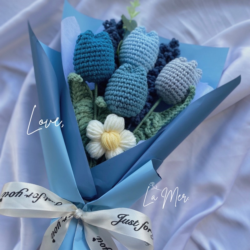 Bó hoa tulip và lavender bằng len handmade LaMer’s Blue Bouquet/ Bó hoa quà tặng sinh nhật/ quà tặng bạn gái,người yêu