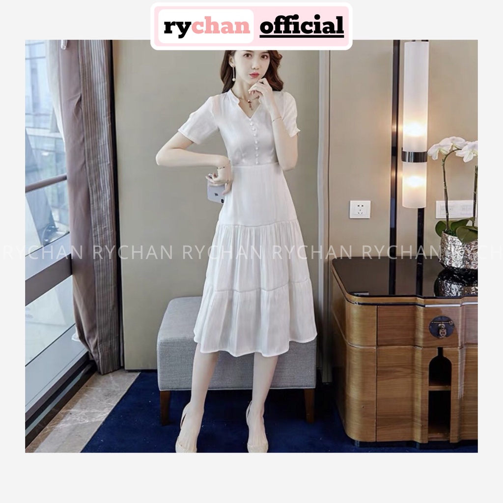 [ẢNH THẬT CUỐI] Đầm Thiết Kế Xoè Trắng Nút Bọc Cổ Trụ - DX017