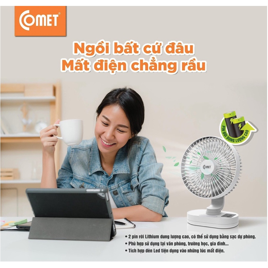 Quạt sạc đa năng Comet CRF1406 có đèn Led, pin Lithium 2 viên x 1500 mAh