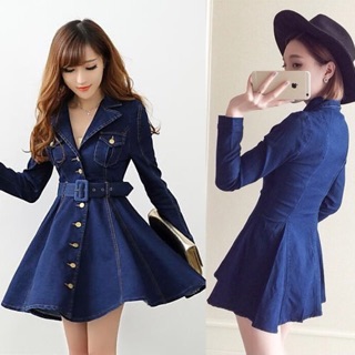 Đầm xòe jean cổ vest dài tay kèm nịt
