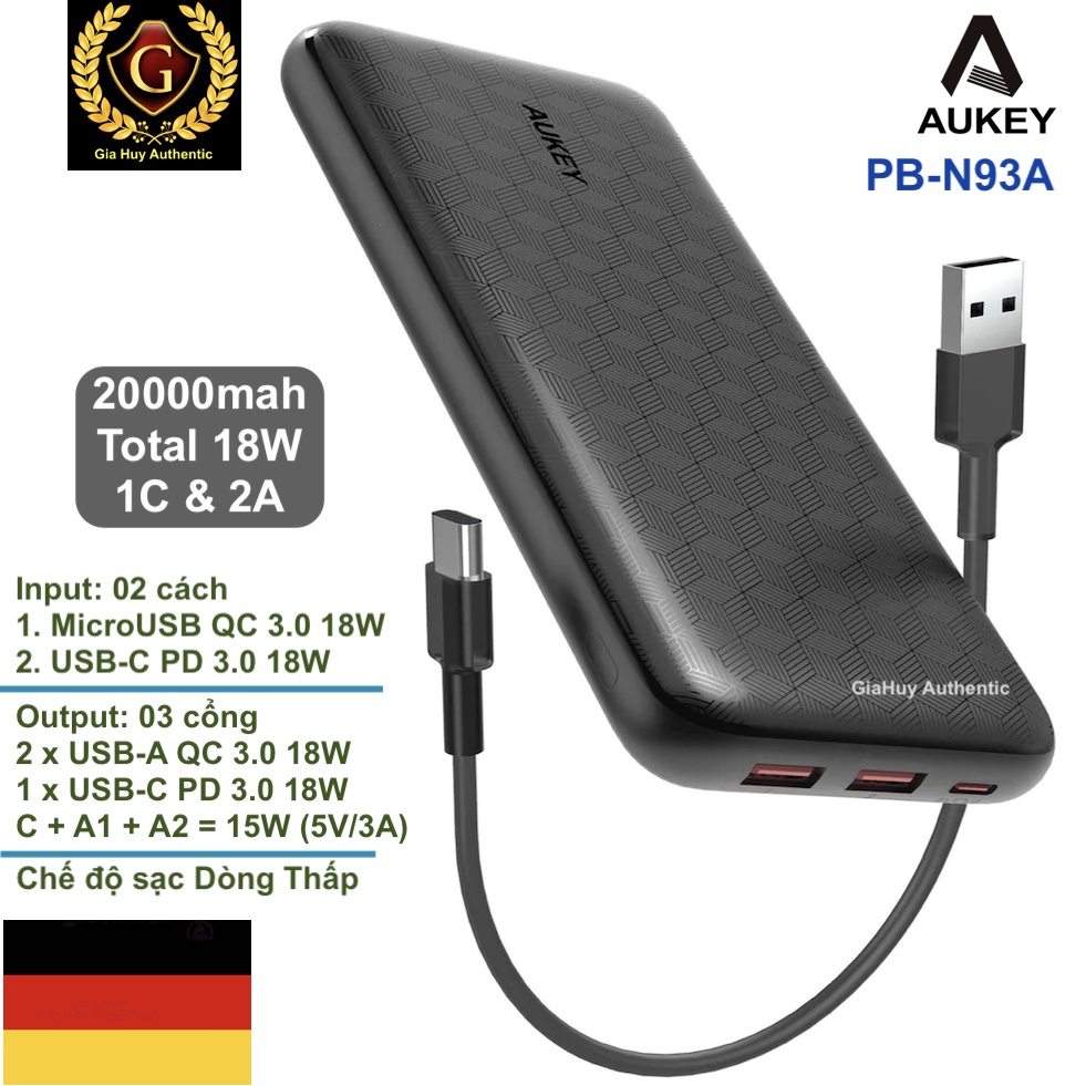 Pin sạc dự phòng AUKEY PB-N93A PD Ultra Slim 20000mAh PD 18W & QC 3.0 18W