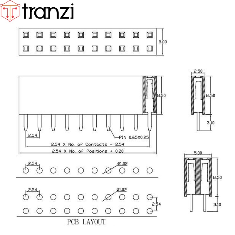 Giăm cắm 2.54mm đôi cái thẳng 2x10P 8.5mm đen - túi 5 cái