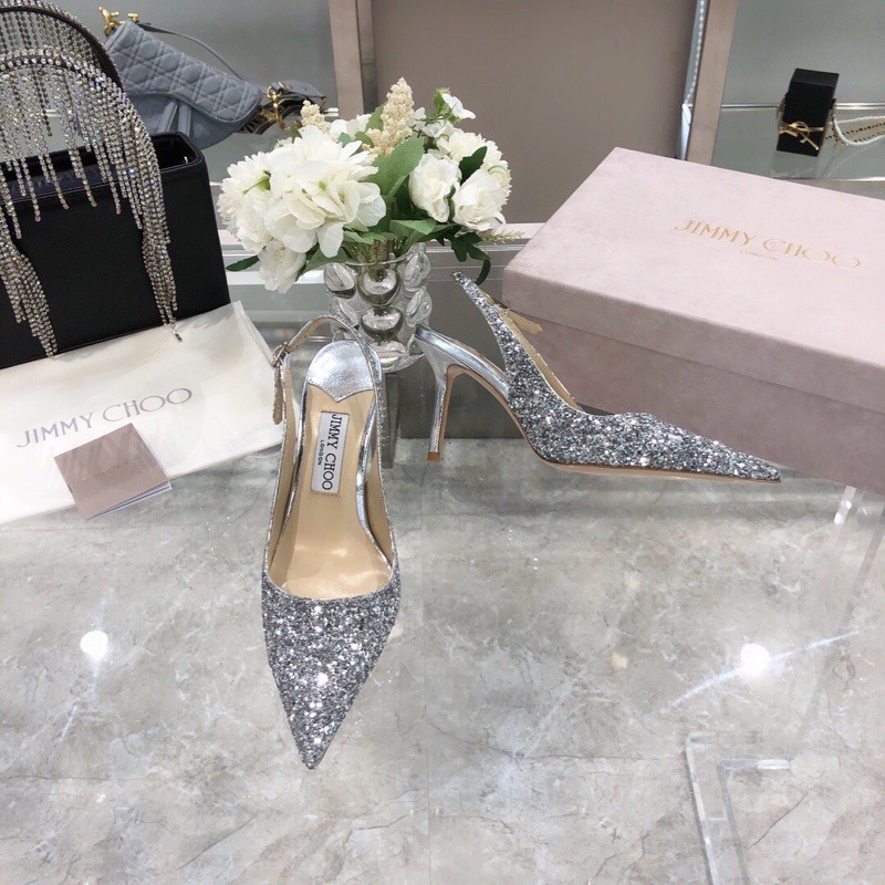 Giày cao gót mũi nhọn phủ nhũ đính đá nhỏ hở hậu gót 8.5cm jimmy choo