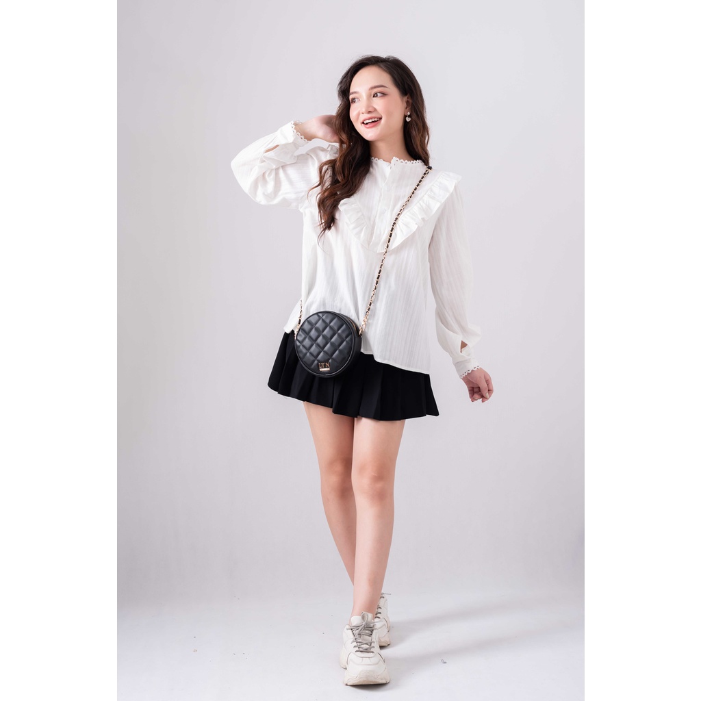 Áo sơ mi nữ trắng cổ bèo viền tay xinh xắn Juka Shop