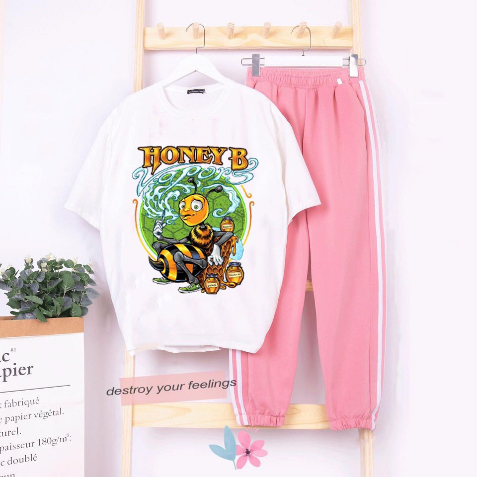 Sét Bộ Đồ Nữ Xinh Cute Mặc Đi Chơi Mùa Hè Đẹp Giá Rẻ, Áo Cotton In 3D Chú Ong Honey B Kèm Quần Phong Cách