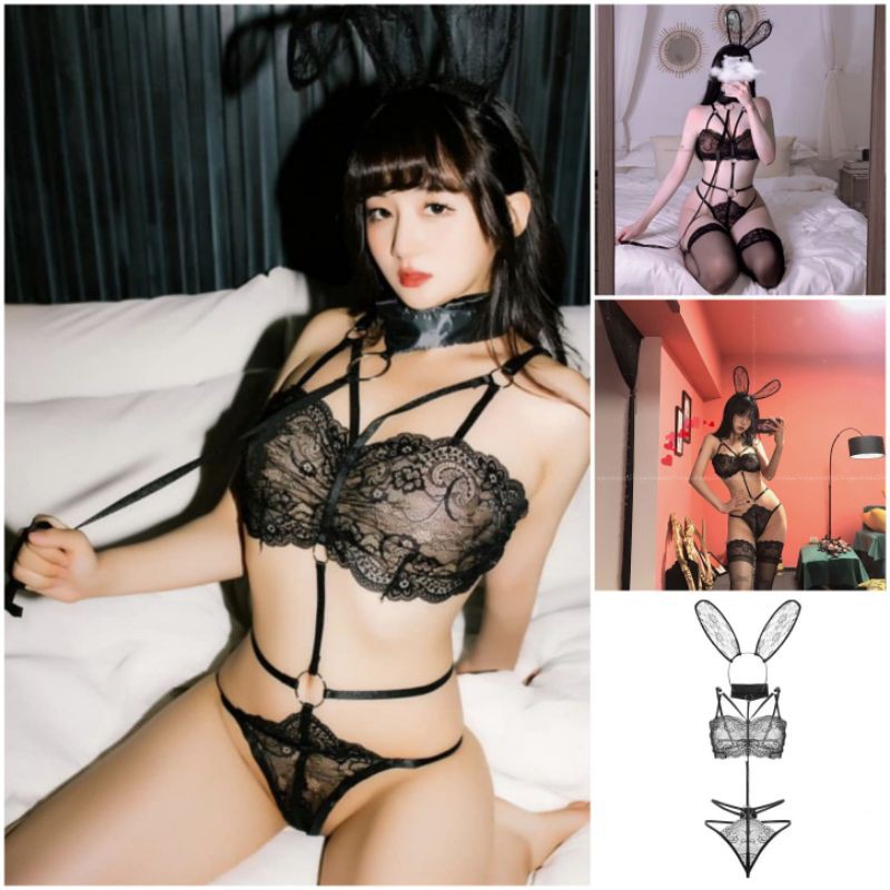 Bộ Đồ Ngủ Cosplay Sexy Thỏ Ren Đen Bunny Quyến Rũ FREESIZE 38-60 KG