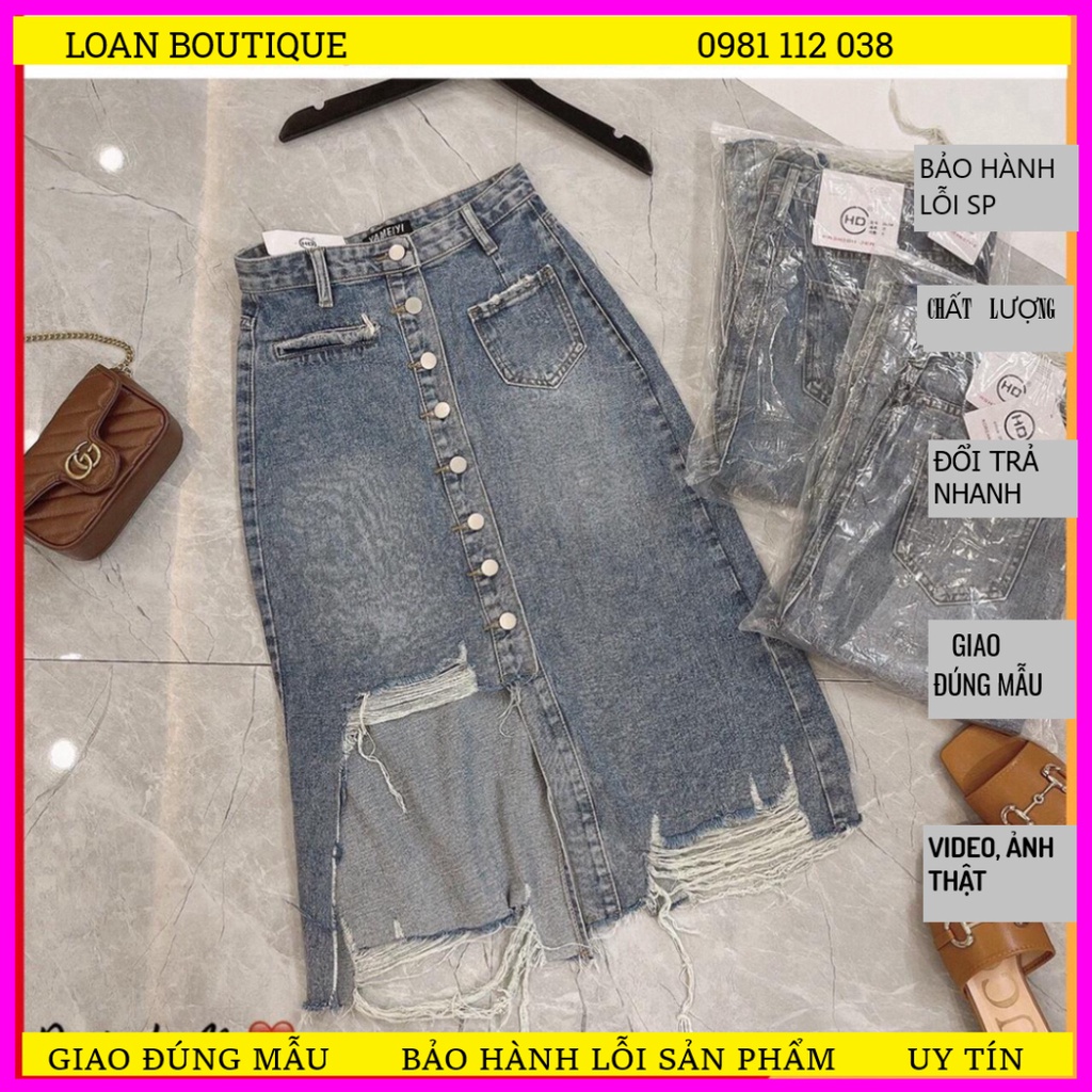 CHÂN VÁY JEAN DÀI VẠT LỆCH RÁCH GẤU VIỀN CÚC DỌC _CHÂN VÁY BÒ RÁCH DÁNG DÀI LOANBOUTIQUE 🍀BẢO HÀNH ĐỔI LỖI SANE PHẨM