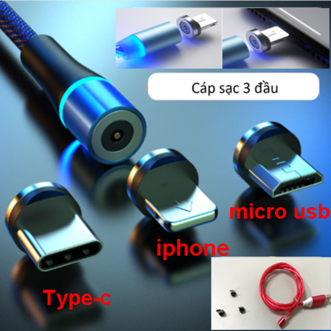 Cáp sạc từ hút nam châm đầu iPhone, đầu Type C và Micro USB 360 độ dây dù,có LED cao cấp  Bảo hành 6 tháng