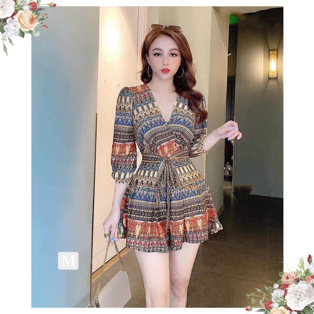 Jum Ngắn ❤️FREESHIP❤️ Cổ V Tay Lỡ Họa Tiết Thổ Cẩm Dây Cột Eo