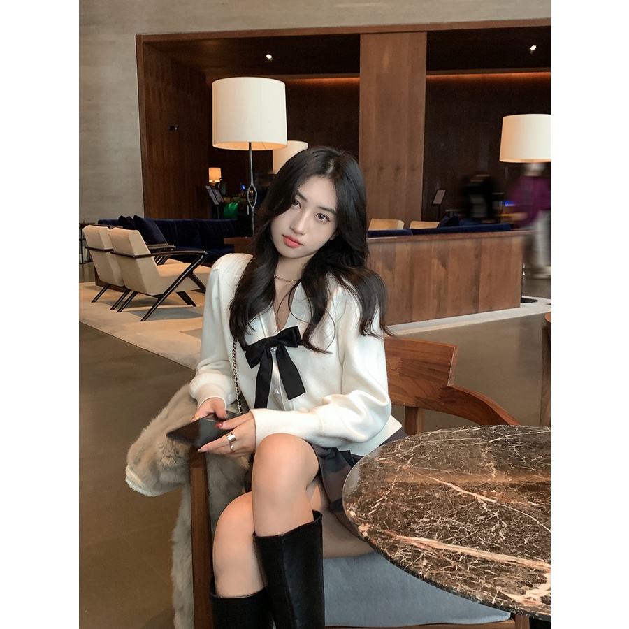 621579 Áo Khoác Cardigan Dệt Kim Cổ Chữ v Phối Nơ Thời Trang Thu Đông