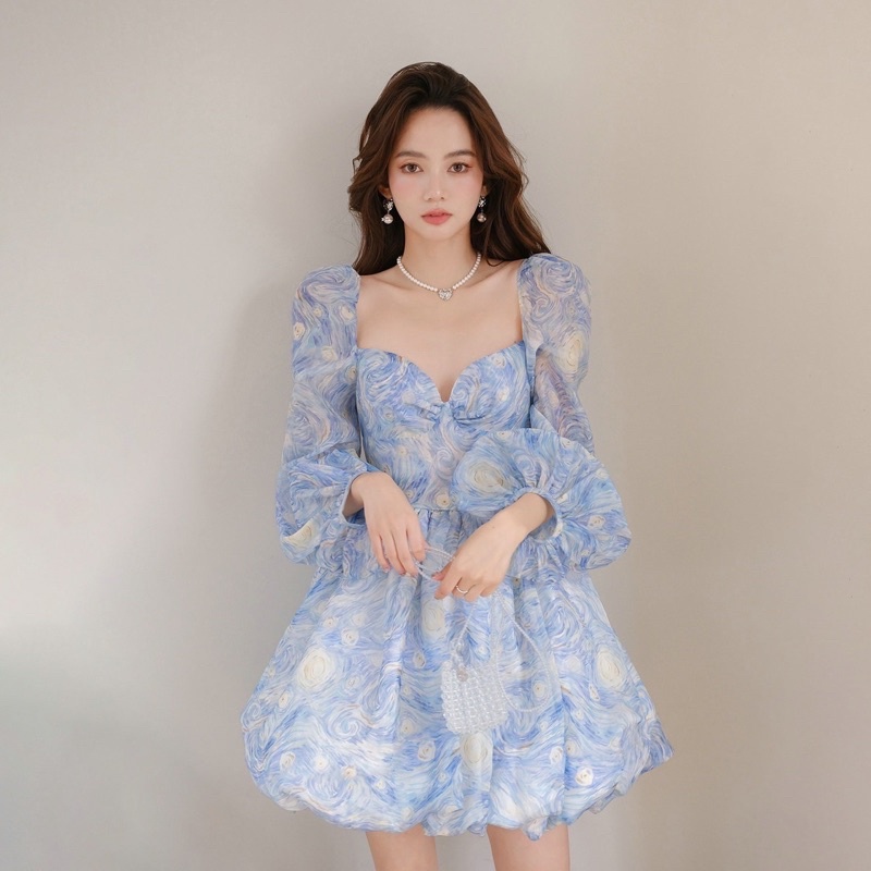 Đầm xòe voan nơ lưng tay dài 2 màu pastel