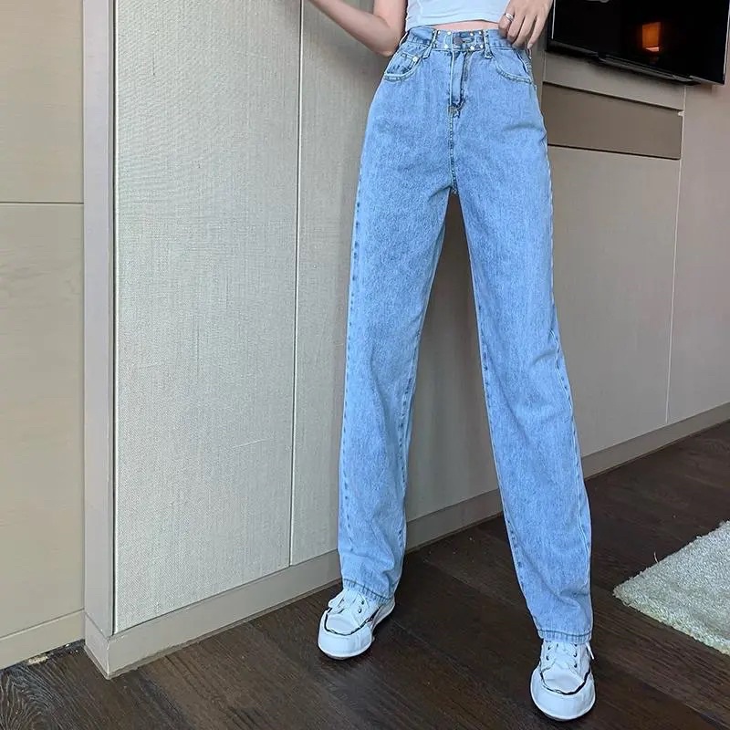 Quần Jeans Nữ Cạp Khuy Màu Xanh Gài Eo Cao Ống Đứng Phong Cách Ulzzang Chất Jean Co Dãn Nhẹ Dày Dặn Loại 1
