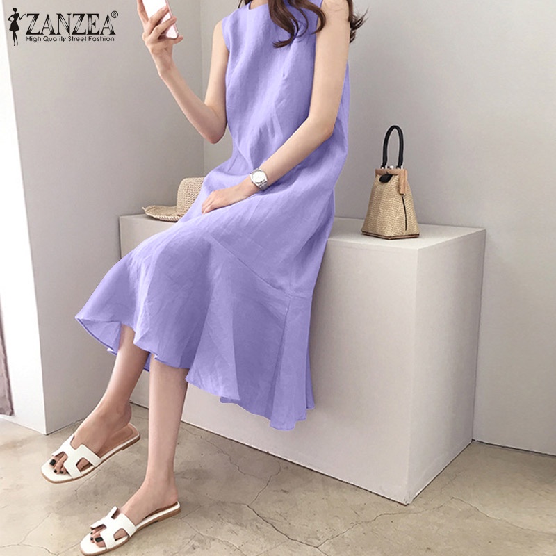 Zanzea Đầm Nữ Cộc Tay Cổ Tròn Form Rộng Thời Trang Hàn