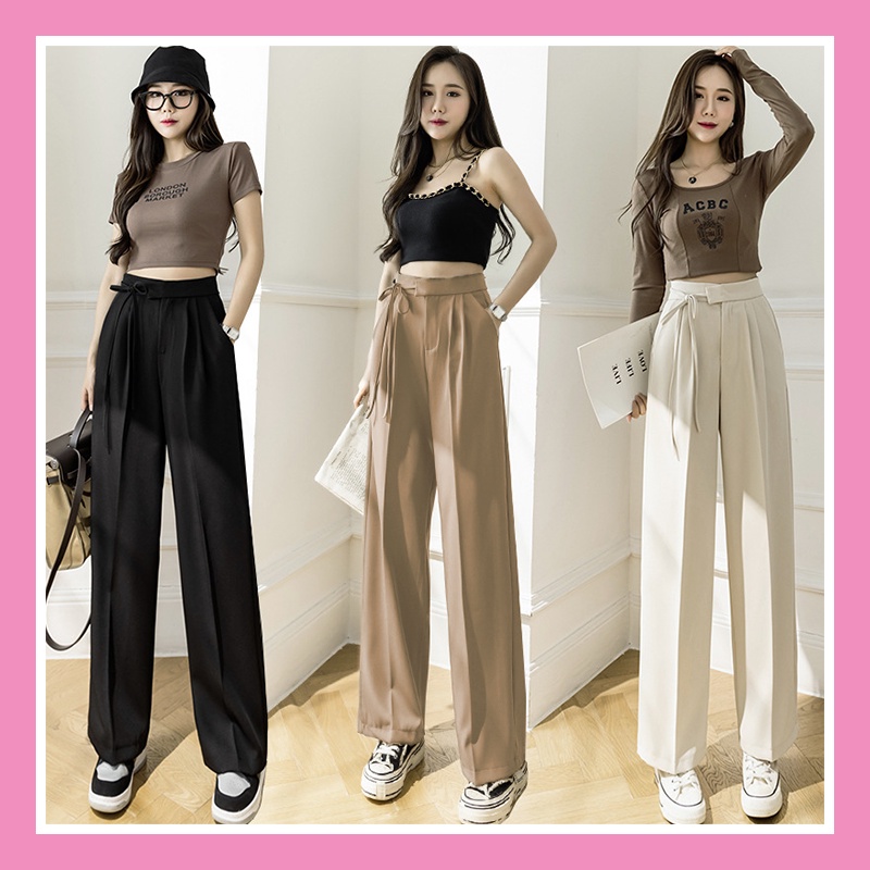 Quần ống rộng suông nữ dài công sở đi làm có BIGSIZE lưng cao thắt nơ Hack dáng chất chéo Hàn cao cấp trẻ trung QD24