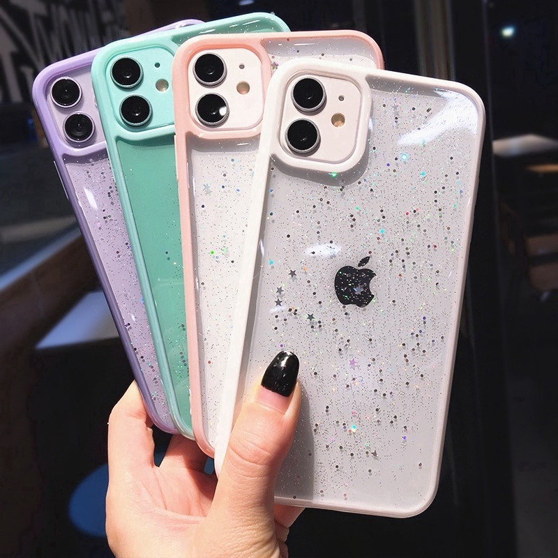 Glitter Star Sequins Soft Bling Clear Phone Case iPhone 12 Pro Max 12 Mini 11 Pro Max XS XR X 7 Plus  8 Plus Shockproof Transparent Powder Back Cover