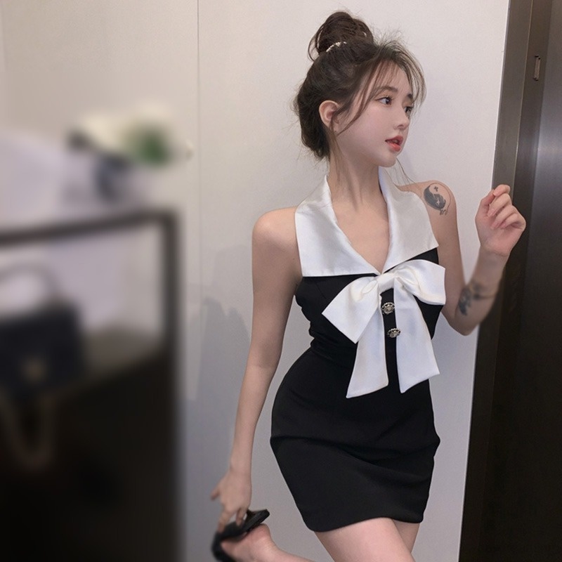 Đầm Ngắn Hở Lưng Ôm Dáng Đính Nơ Phong Cách Hàn Quốc