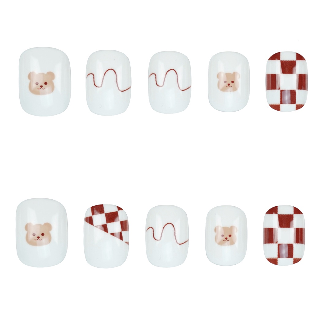 Móng tay giả, nailbox, PD272 kẻ caro gấu bear 24 móng kèm keo