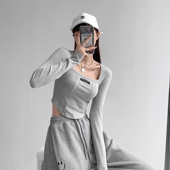 Áo thun tay dài cổ vuông phong cách Hàn Quốc thời trang mùa thu cho nữ