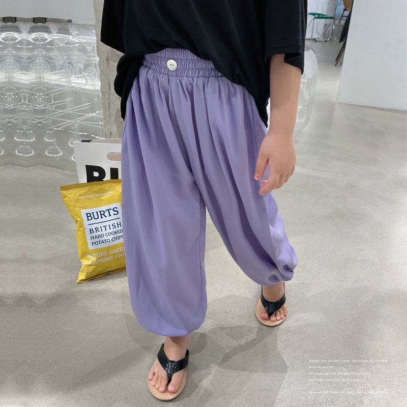 [Babycat] Hàng Có Sẵn Quần Ống Rộng Dài Đến Mắt Cá Thắt Lưng Co Giãn Màu Trơn Phong Cách Nhật Bản Hàn Quốc Thời Trang Mùa Hè Giản Dị Dành Cho Bé Gái