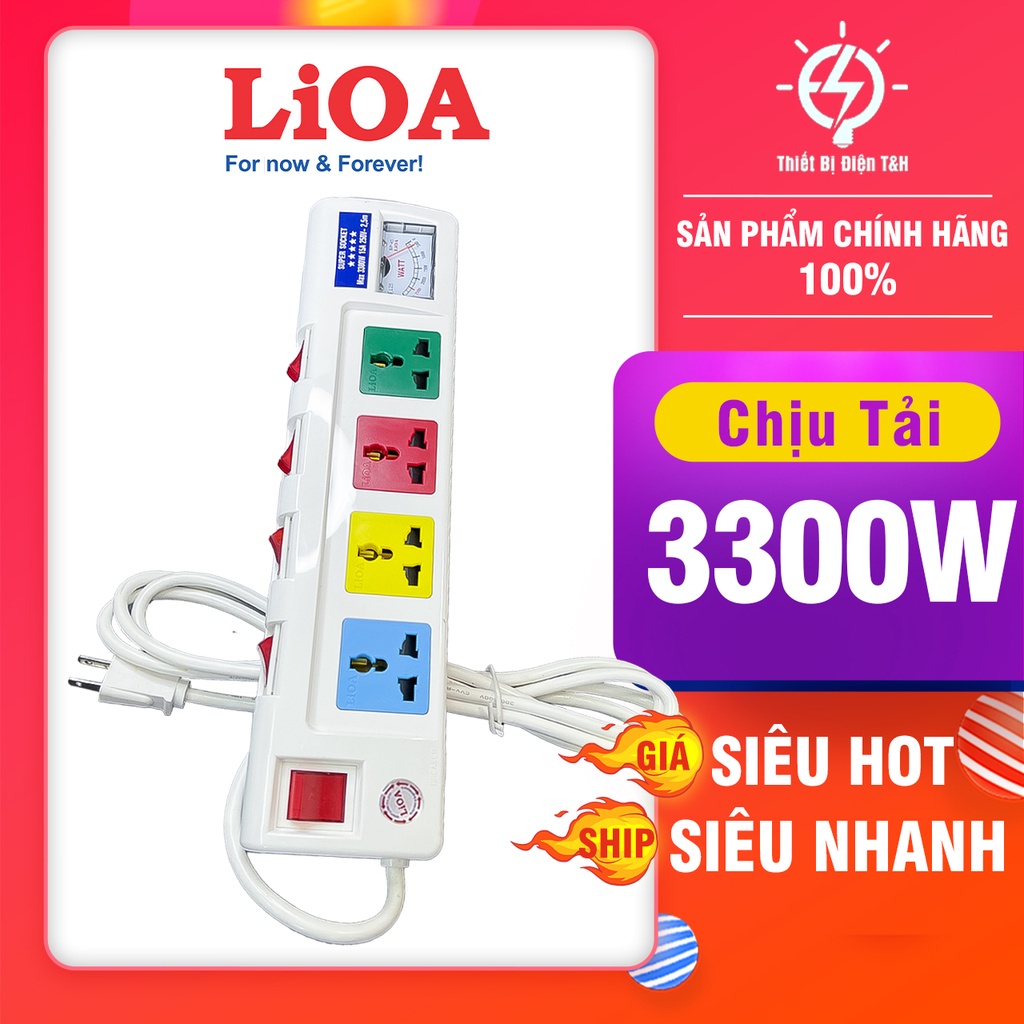 Ổ cắm điện công suất lớn, ổ cắm chịu tải, đa năng, đo công suất, cao cấp, LIOA, 4 ổ cắm, 4 công tắc, 4OFSSA2.5-2