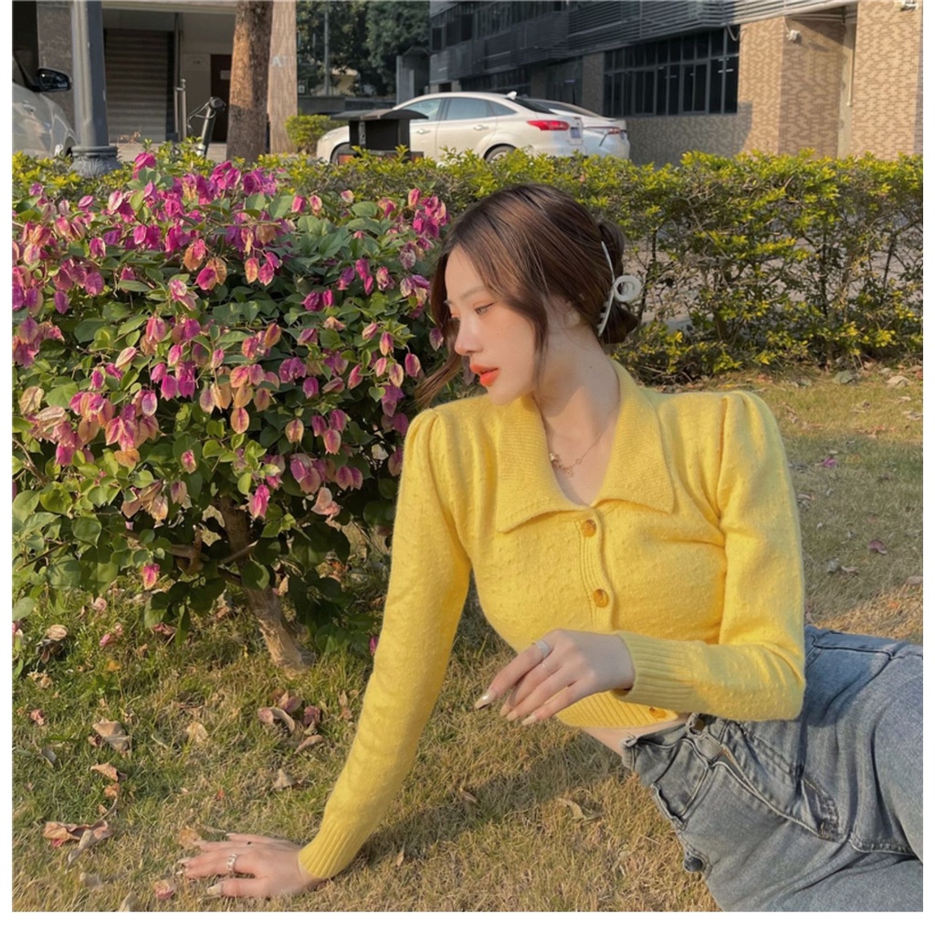 Áo cardigan ZHELIHANGFEI dệt kim tay dài cổ bẻ dáng ôm eo cao kiểu Pháp quyến rũ