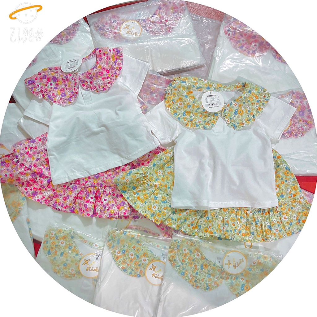 Bộ bé gái trắng cổ sen tròn hoa và chân váy đuôi cá hoa nhí liền quần XHN881