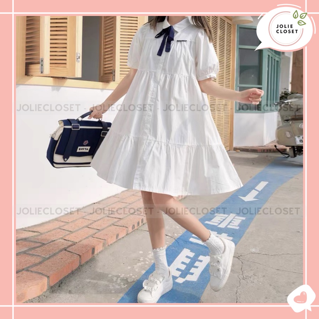 Váy babydoll tay ngắn, dáng xoè kèm nơ form rộng cổ sơ mi ulzzang, màu xanh, be, trắng phong cách Hàn Quốc dễ thương