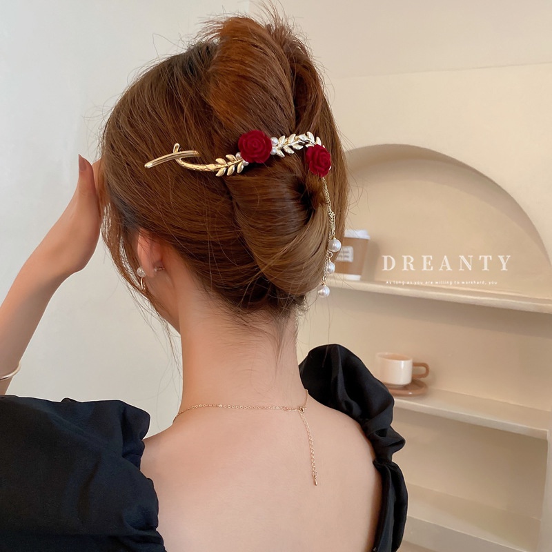 Kẹp Tóc Đính Hoa Hồng Ngọc Trai Giả Phong Cách Hàn Quốc Cho Nữ