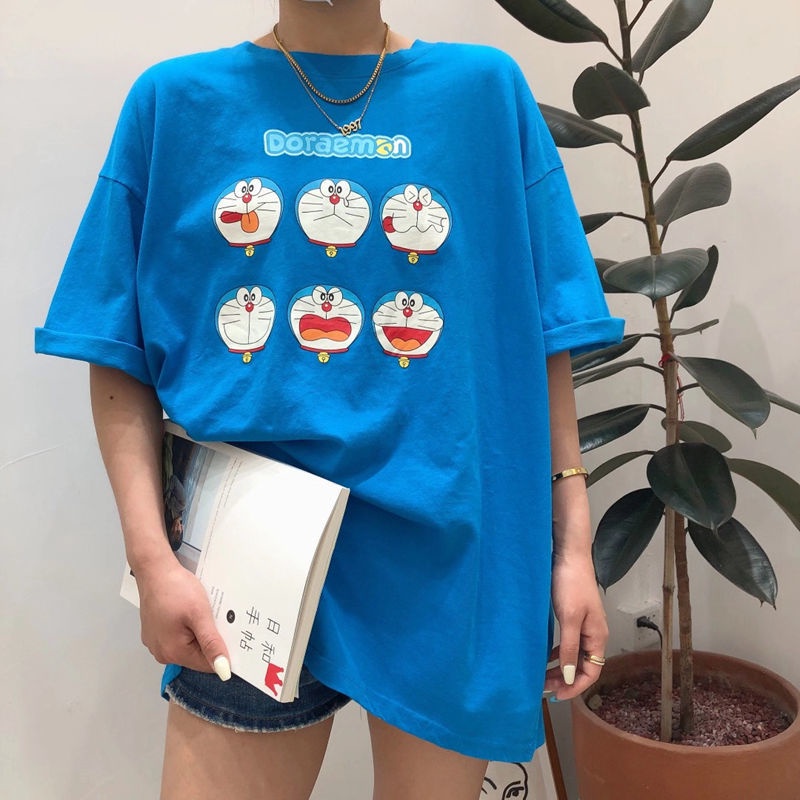 Doraemon cartoon plus size fat loose Korean version of pure cotton short-sleeved t-shirt women summer clothes