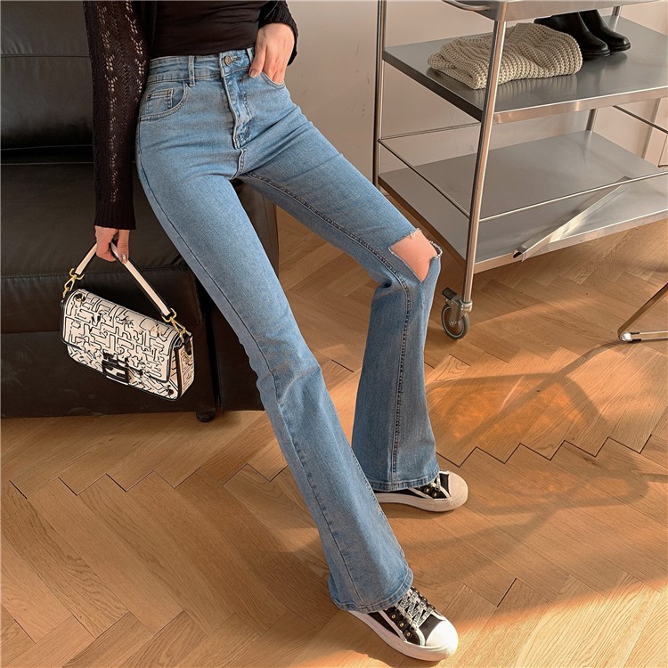Ulzzang ( 얼짱) - QUẦN JEANS ỐNG LOE RÁCH THỜI TRANG NỮ