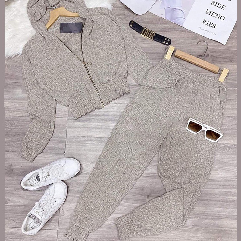 Set Đồ Nữ Len Dài Tay Mũ - 5 Mầu Vàng Xám Nâu Xám Xanh -  Hanlly Fashion - ĐB1