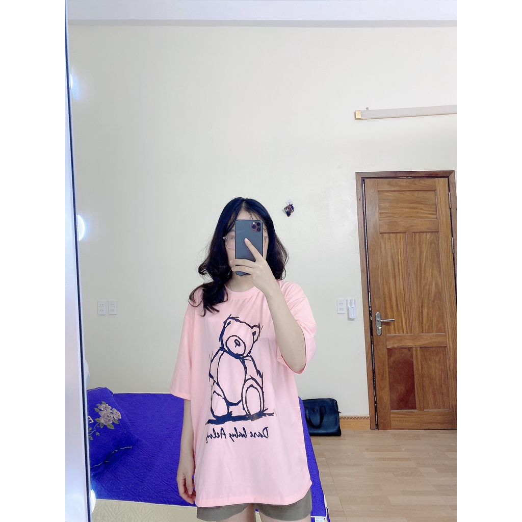 Áo phông, Áo thun unisex from rộng cổ tròn tay lỡ freesize 38-70kg - Gấu ngồi