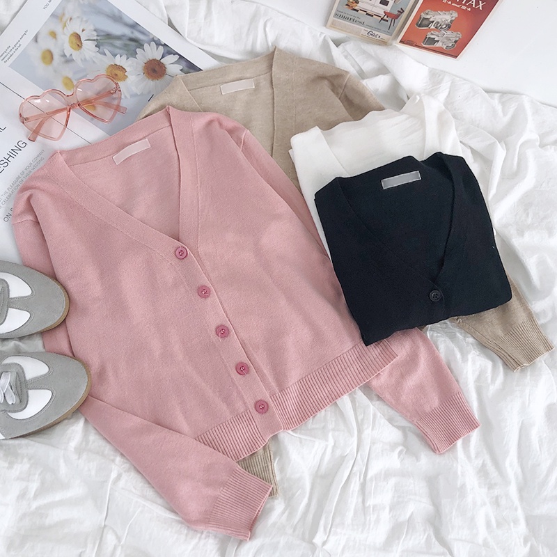 Áo Khoác cardigan Dệt Kim Tay Dài Cổ Chữ V Dáng Ôm Phong Cách Hàn Quốc Thời Trang Cho Nữ