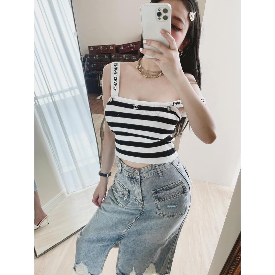 Áo hai dây kẻ đen - trắng sexy - Vải sợi Cotton thoáng mát - Freesize (<55kg)