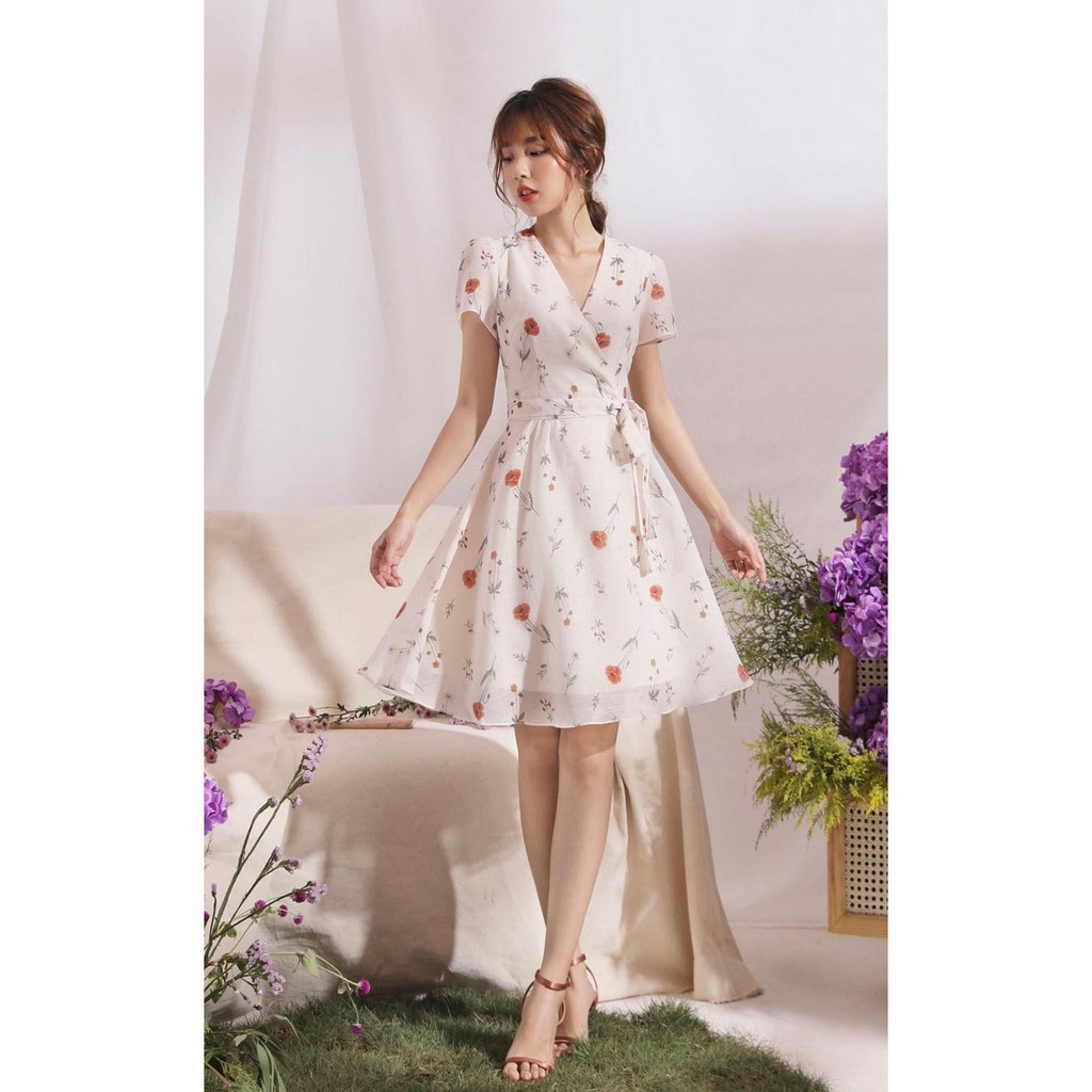 Đầm thiết kế dáng wrap cổ V, Váy trắng họa tiết hoa chất liệu tơ xước 2 lớp e1078 [Ảnh Thật] | BigBuy360 - bigbuy360.vn