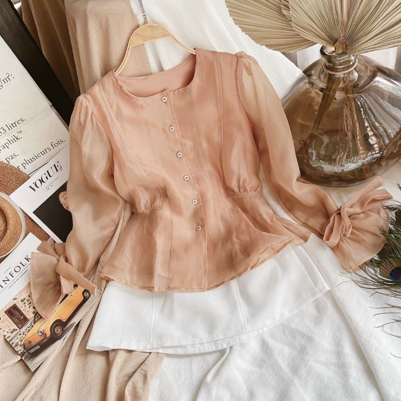 SET ÁO PEPLUM NUDE TAY NƠ + CHÂN VÁY TRẮNG