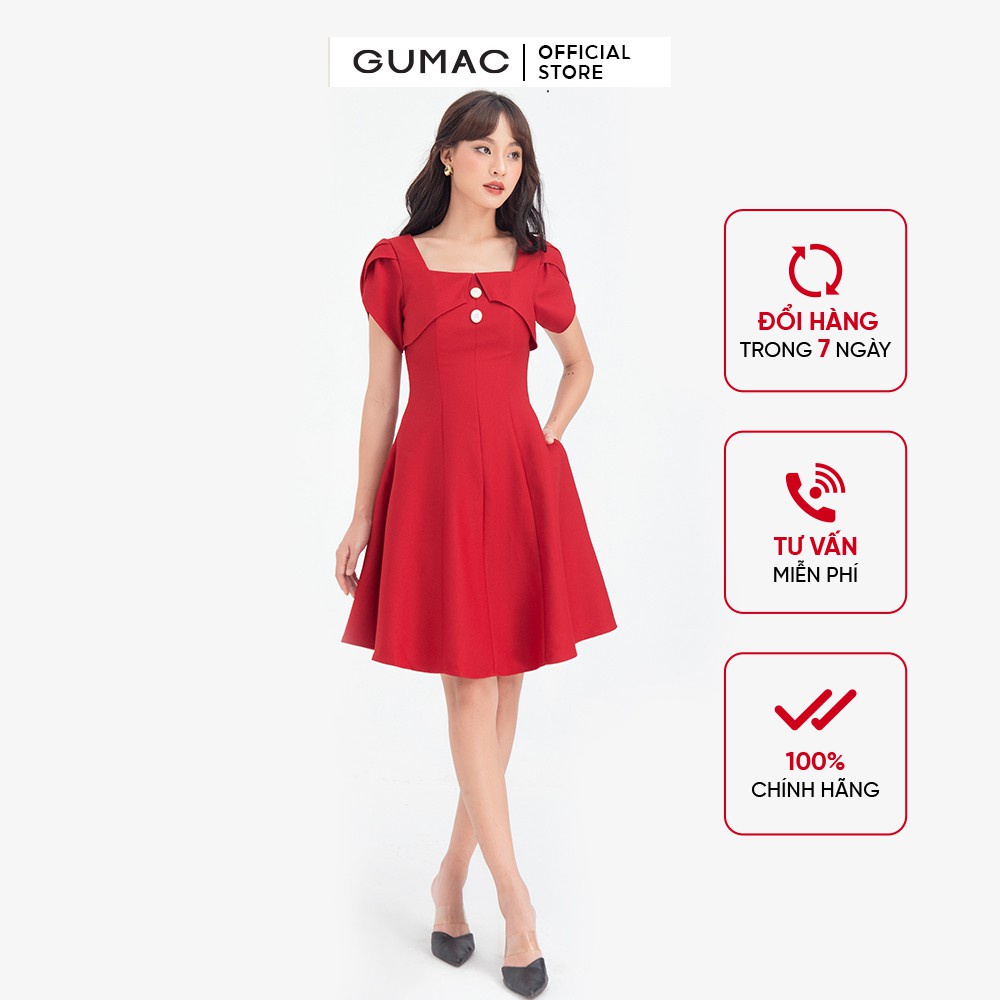 Đầm xòe nữ cổ vuông tay bèo GUMAC màu đỏ đủ size DB655