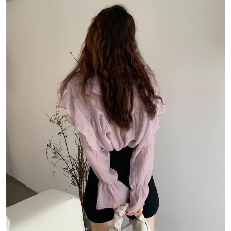 Áo Sơ Mi Chiffon Cổ V Tay Dài Phối Bèo Kiểu Retro Pháp Thời Trang 2022 Cho Nữ