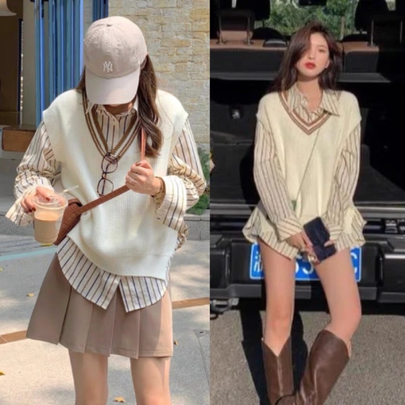 Áo gile nữ form rộng JEANIE, BST áo len gile tone màu trắng đen phong cách Ulzzang