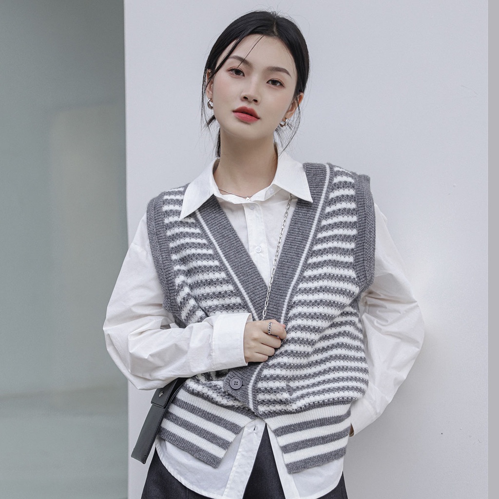 Áo Len Không Tay Họa Tiết Sọc Ngang Thời Trang Cho Nữ