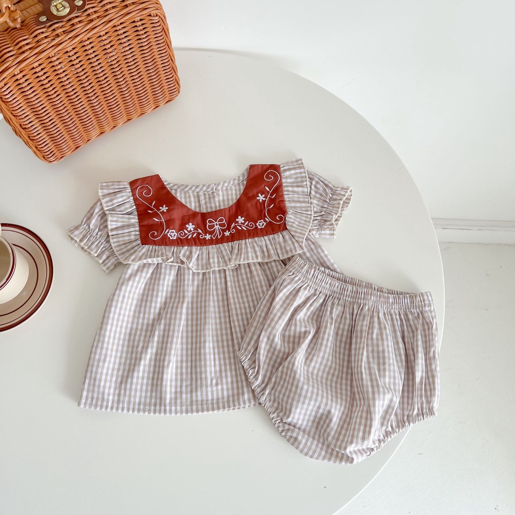 Bộ Áo Tay Ngắn + Quần Bằng Cotton Mỏng Kẻ Sọc Ca Rô Thời Trang Mùa Hè Dành Cho Bé Gái