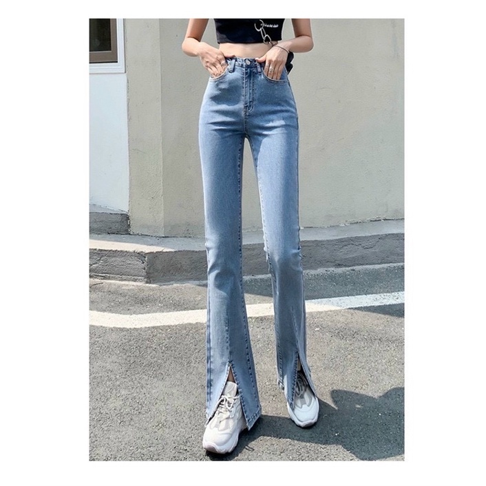 Quần jeans loe trơn basic sẻ ống phom dài co dãn